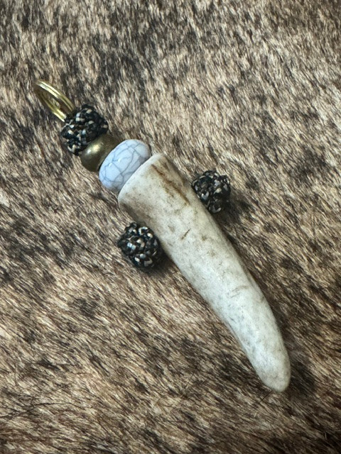 Elk Tine Spike Keychain with Storm Camo Mini Cord, Brass Spacer, and White Turquosie Spacer