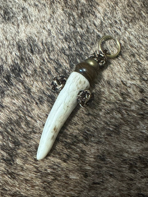 Elk Tine Spike Keychain with Woodland Camo Mini Cord, Brass Spacer, and Tiger's Eye Spacer