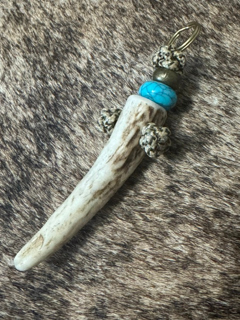 Elk Tine Spike Keychain with Desert Tan Mini Cord, Brass Spacer, and Turquoise Spacer