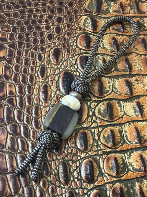 Handmade Ram's Horn & Desert Ironwood Bead Knife Nub on Black/Tan Paracord with Copper and Light Brown Accents