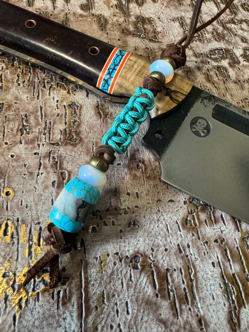 Leather and Turquoise Cobra Wrap Knife Lanyard with Gold Web Turquoise Tru-Stone & Mother of Pearl Resin Bead Accented by Brass and Opalite Spacers