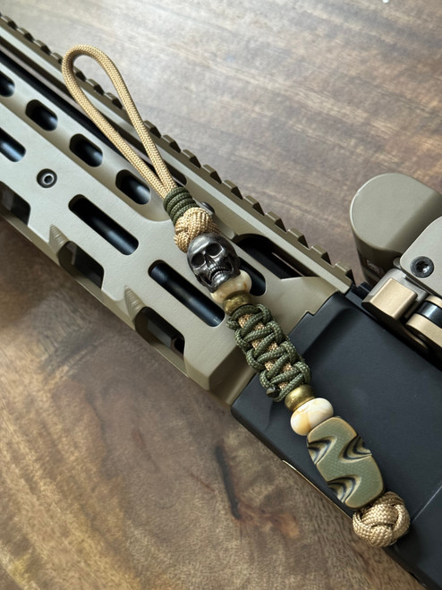Tactical Series Sculpted OD Green and Black G10 Bead Knife Lanyard On Coyote 550 Cord with OD Green Mini Cord Wrap and Brass Spacers