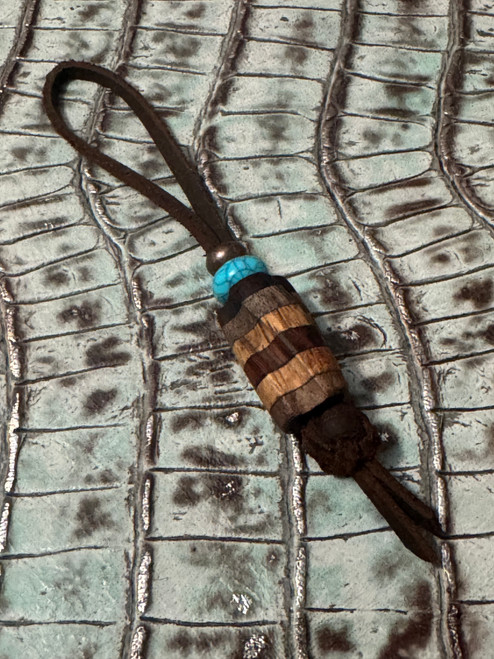 Channeled 6-Layer Wood Bead Shorty with Removable Copper & Turquoise Accent Beads on Leather Cordage