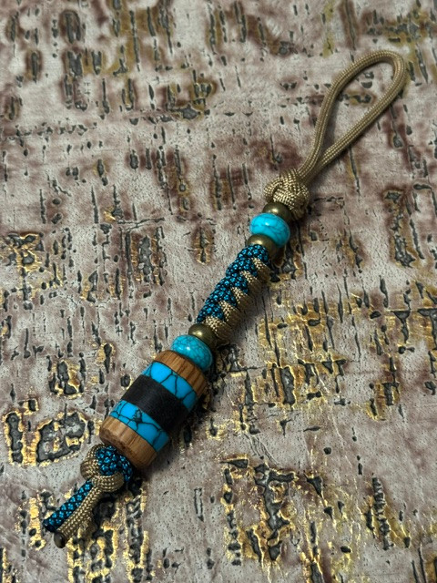 Turquoise & Coyote Tan Two-Tone Knife Lanyard with Handmade Whiskey Barrel, Black Web Turquoise Tru-Stone, and Brown Micarta Layer Bead Accented by Turquoise and Brass