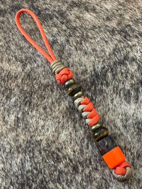 Two-Tone Hunter Orange & Coyote Tan Paracord Knife Lanyard with Orange Glow Resin & Buckeye Burl Wood Bead Accented by Brass & Tiger's Eye