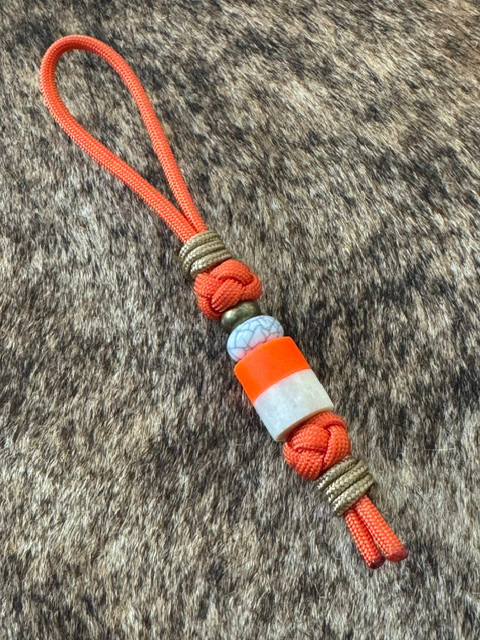 Hunter Orange Paracord Knife Lanyard with Elk Antler and Orange Glow Resin Bead Accented by White Turquoise, Brass, and Coyote Tan Mini Cord Wrap