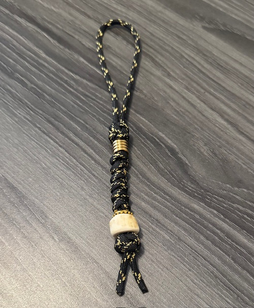 Black and Gold Paracord Loop Lanyard with Polished Gold Finished Beads and Handmade Elk Antler Bead