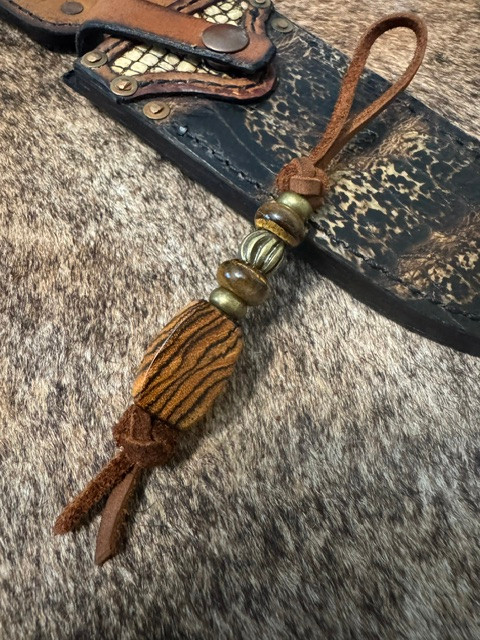 Highly Figured Bocote Wood Bead Leather Knife Lanyard with Brass & Tiger's Eye Accents
