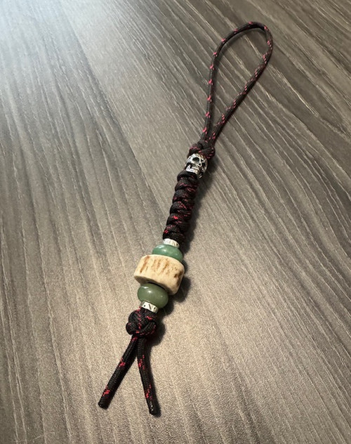 Red and Black Paracord Knife Lanyard with Silver Finished Skull Bed, Aventurine Spacer Beads and Elk Antler Bead