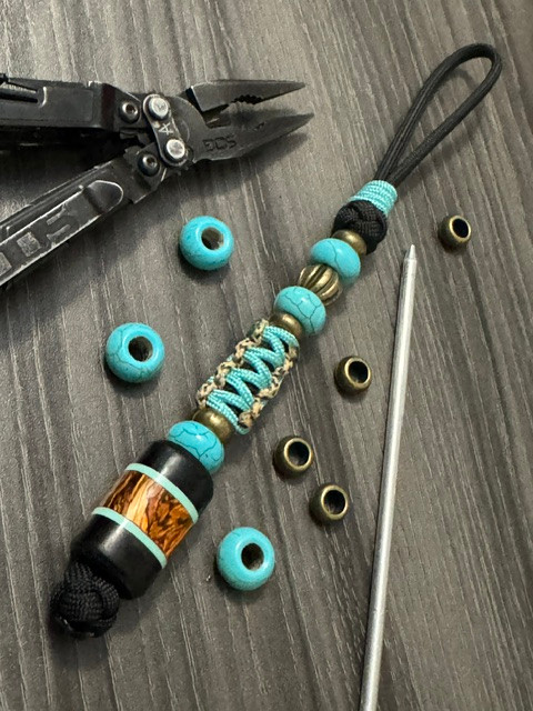 Custom Tri-Color Paracord Knife Lanyard with Deep Blue Micarta, Black G10, Tiffany G10, and Stabilized Hemp Wood Bead Accented by Brass, Turquoise, and Mini Cord Wrap