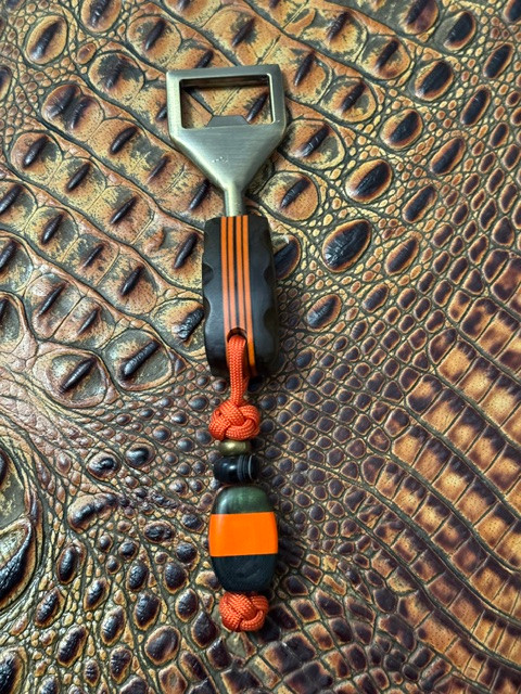 Dyed "Swamp Green" Curly Maple, Orange G10 and Black G10 Handle Bottle Opener with Matching Wood, Orange Glow, G10, and Black Micarta Bead Lanyard