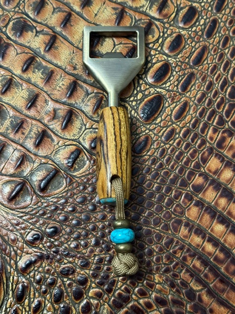 Bocote Handle Bottle Opener with Gold Web Tru-Stone End Accent and Turquoise/Brass Bead Lanyard