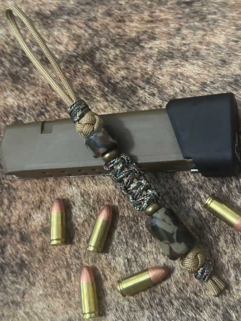 Coyote Tan 550 Cord Knife Lanyard with Handmade Acrylic Camo Beads, Brass Accents, and Woodland Camo Cobra Wrap