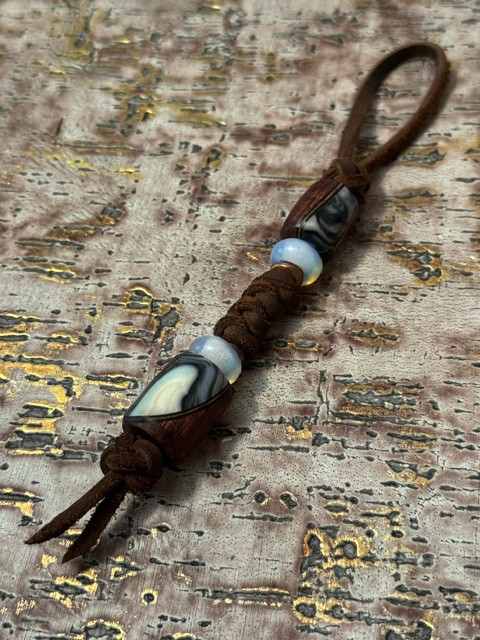 Leather Knife Lanyard with Twisted Koa & Mother of Pearl Resin Handmade Beads Accented by Opalite and Hammered Copper
