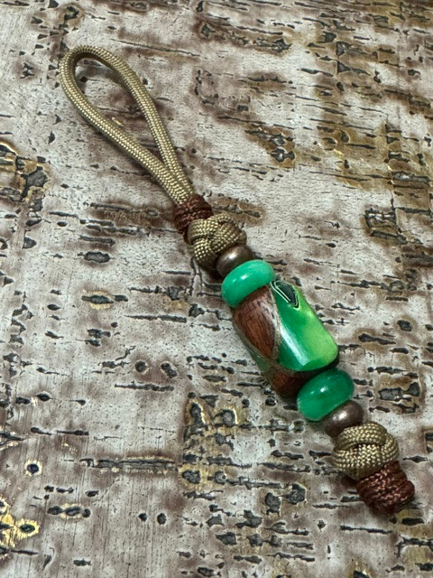 Coyote Tan 550 Cord and Copper Mini Cord Knife Nub with Handmade Twisted Koa Wood and Green Resin Bead Accented by Copper & Jade Green
