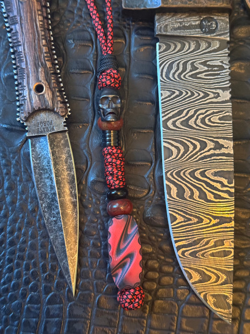 Custom Black/Red Diamond Paracord Knife Lanyard with Black Skull and Hand Sculpted Black/Red Layered G10 Bead Accented by Red Jasper