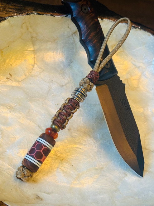 Premium Collection Coyote Tan Paracord knife Lanyard with Brass Spiral and Handmade Koa Wood, Black G10, White G10, and Honeycomb Resin Bead