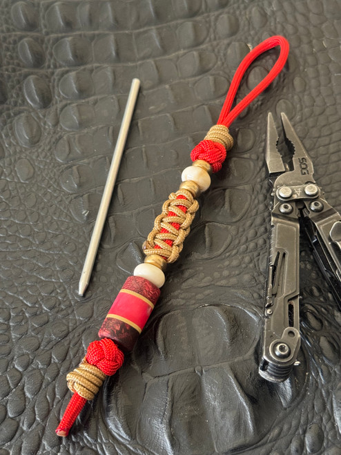 Stabilized Burl, Coyote G10, and Pink Resin Split Bead Knife Lanyard On Red 550 Cord with Coyote Wrap Accent