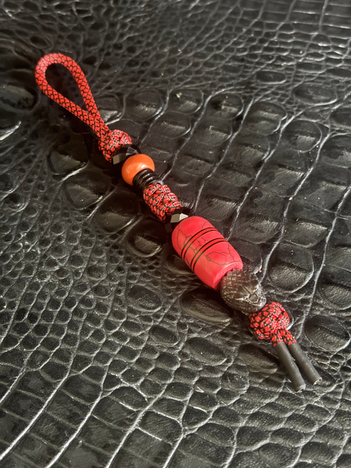 "Snake Charmer" Knife Lanyard with 9 Layer Red/Black Web Tru-Stone, Black G10, and Red G10 Split Bead Accented by Black Snakehead Bead, Red Jasper, and Heat Shrink Tips