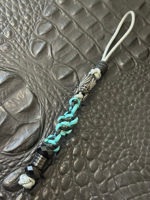 Gray, Black, and Turquoise Mini Cord Knife Lanyard with Hanging Bat Bead, Spiral Column, and Faceted Bead
