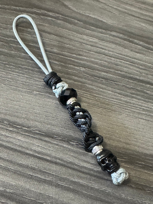 Gray Mini Cord Knife Lanyard with Black Spiral Wrap, Two-Sided Metal Skull, Faceted Beads, and Textured Metal Spacers