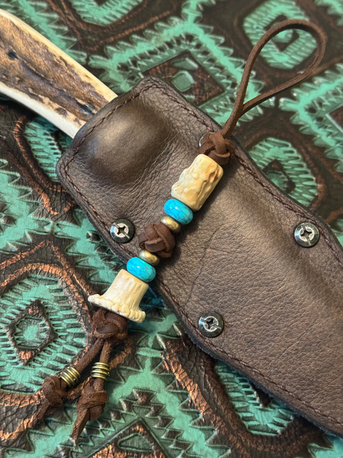 Traditional Collection Leather Knife Lanyard with Vintage Antler Beads Accented by Turquoise & Brass