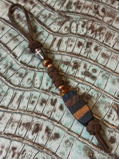 Deep Blue & Copper Cross Shield Leather Knife Lanyard with Stabilized Blue Burl, Zebra Wood, and Dyed Green Burl Handmade Bead