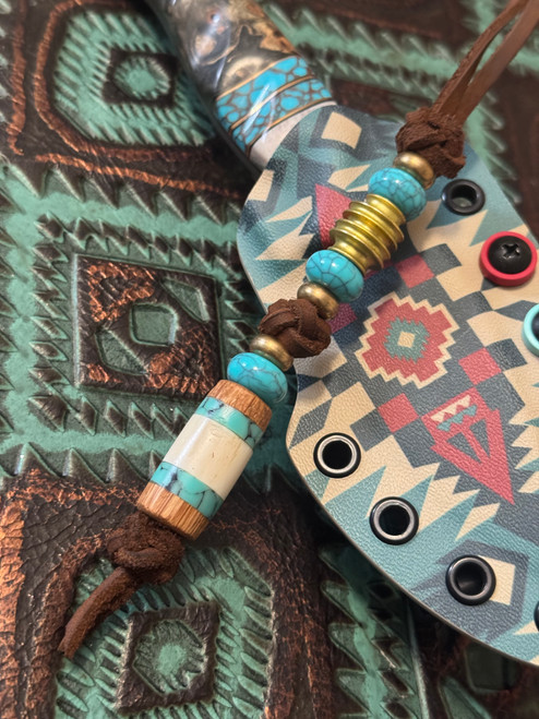 Leather Knife Lanyard with Polished Brass, Turquoise, and Jack Daniel's Whiskey Barrel, Crushed Turquoise, and Elk Antler Split Bead