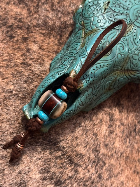 Leather Shorty Knife Nub with Ironwood, Ram's Horn, and Tiffany Blue G10 Liner Handmade Bead Accented by Copper and Turquoise