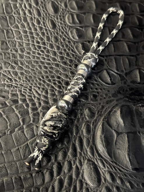 Black & White Glow Cord Knife Lanyard with Stainless, Hematite, and Handmade "Black Marble" Acrylic Pendant Bead