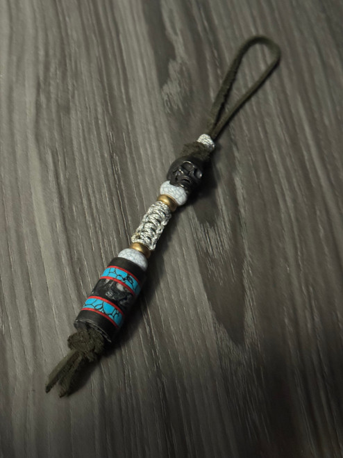 RESERVED - Black Leather & Metal Skull Lanyard with Carbon Fiber, Red G10, Turquoise Tru-Stone, and Marble Resin Bead Accented by Brass and White Turquoise Spacers