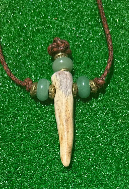 Polished Elk Antler Cross Pendant with Leather Cord and Beads