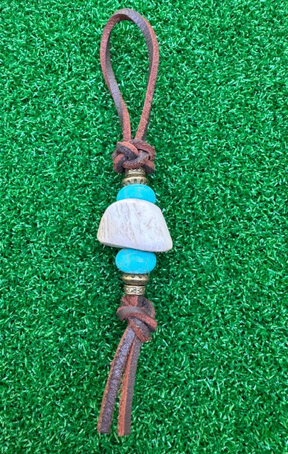Dark Brown Leather Keychain with Polished Elk Antler Bead and Turquoise Look Accent Beads