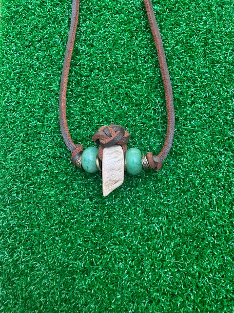 Polished Elk Antler Pendant with Aventurine and Brass Accent Beads on Dark Brown Lace Leather