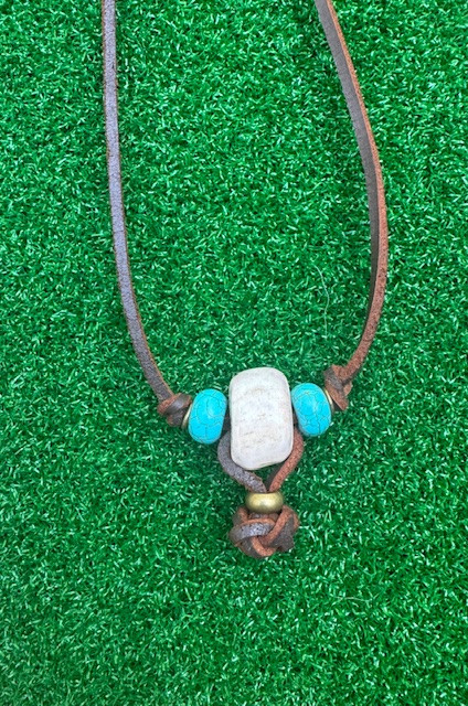 Polished Elk Antler Pendant with Turquoise and Brass Accent Beads on Dark Brown Lace Leather