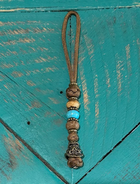 Brass Scuba Skull Diver Helmet EDC Knife Lanyard with Jasper, Turquoise, and Coyote Brown 550 Cord