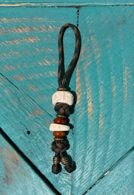 Small Forest Camo Paracord Knife Lanyard with Contoured Elk Cap Bead, Brass and Red Carnelian Accents, and Polished Elk Spacer Bead