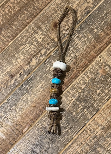 Shaped Elk Antler Bead Coyote Brown Paracord Knife Lanyard with Brass and Turquoise Accents