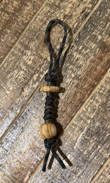 Forest Camo Paracord Knife Lanyard with Brass Spacers and Hand Shaped Olive Wood Beads