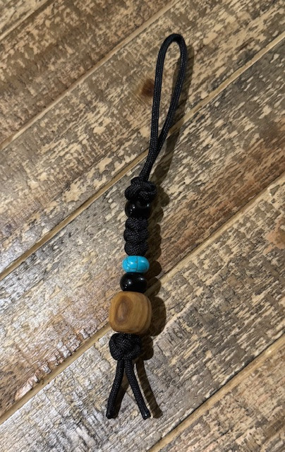 Olive Wood Bead Knife Lanyard with Black Paracord, Black Accent Beads and Turquoise Accent Bead
