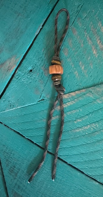 DIY Knife Lanyard Kit - Forest Camo Cordage with Polished Olive Wood, Tiger's Eye, and Brass Beads