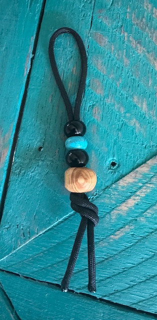 DIY Knife Lanyard Kit - Black Cordage with Polished Olive Wood, Black, and Turquoise Accent Beads