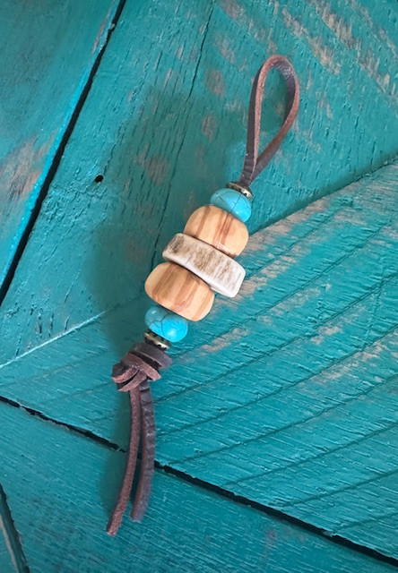 DIY Knife Lanyard Kit - Brown Lace Leather with Olive Wood Beads, Polished Elk Antler Center Bead, Turquoise and Brass Accent Beads