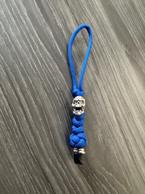 Small Royal Blue Paracord Knife Lanyard with Silver Skull Bead and Accent Tips