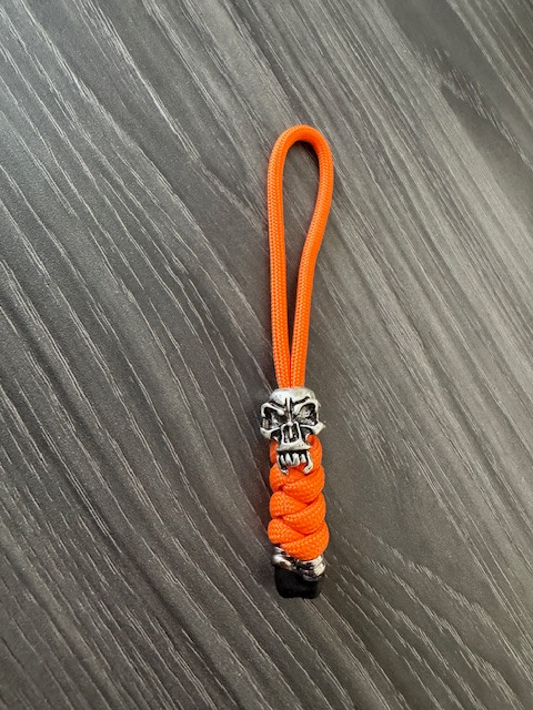 Orange Paracord Small Pocket Knife Lanyard with Silver Skull Bead and Accent Tips