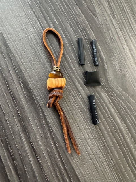 DIY Knife Lanyard Kit - Brown Leather with Shaped Olive Wood, Brass, and Tiger's Eye Beads