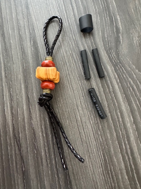 DIY Knife Lanyard Kit - Black Rope Leather with Contoured Olive Wood Bead and Red Jasper Beads