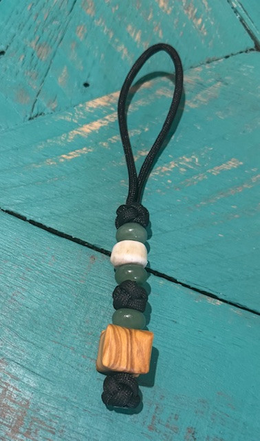 Elk Antler and Shaped Olive Wood Bead Black Paracord Knife Lanyard with Aventurine Accents