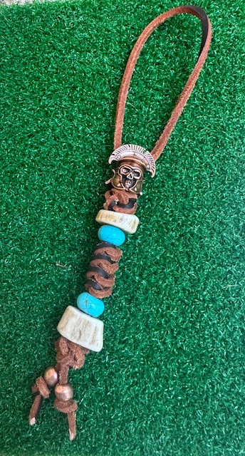 Thick Brown Lace Leather Knife Lanyard with Copper Skull, Rustic Elk, and Turquoise Accent Beads (Requires Large Tang Hole)