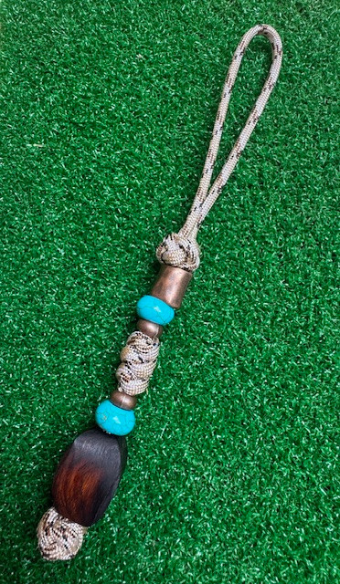 Copper, Ironwood, and Turquoise Bead Knife Lanyard On Desert Brown Paracord